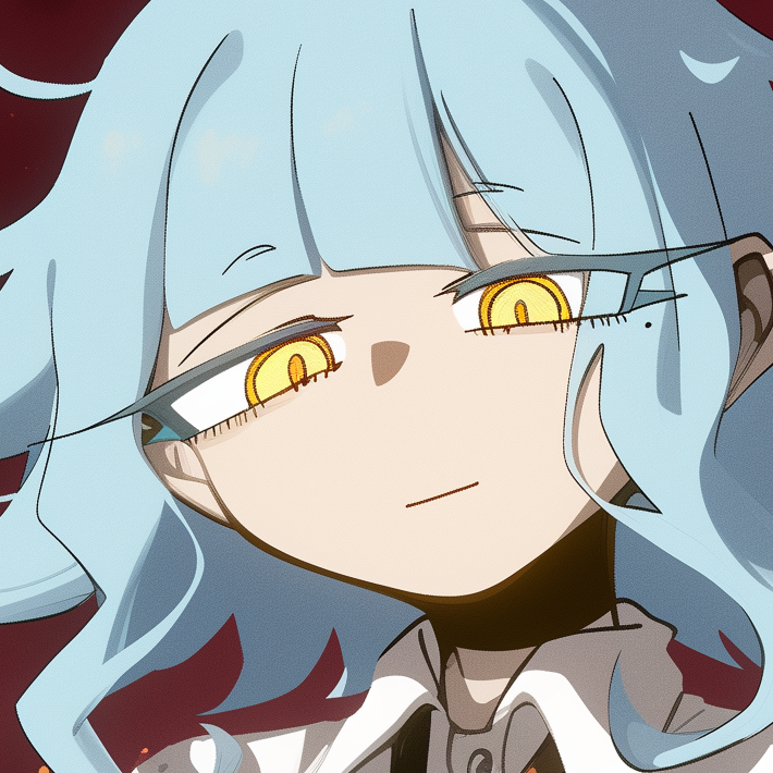 a square icon of io, a person with short light blue hair and yellow eyes, looking down with a fond expression on their face.